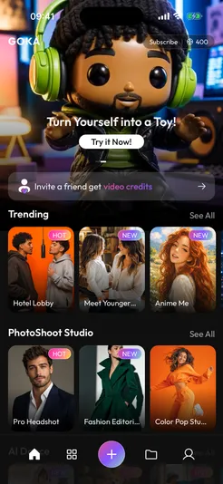 Goka AI home screen with trending templates and PhotoShoot Studio